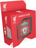 Red 3x3 Rubik's Cube in red packaging featuring the Liverpool FC crest, liver bird logos, and clear viewing window.