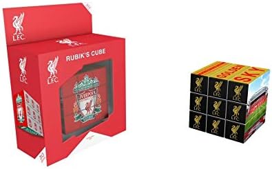 Red Liverpool FC branded Rubik's cube in a red box and out, showing black faces with yellow logos and a stadium image.