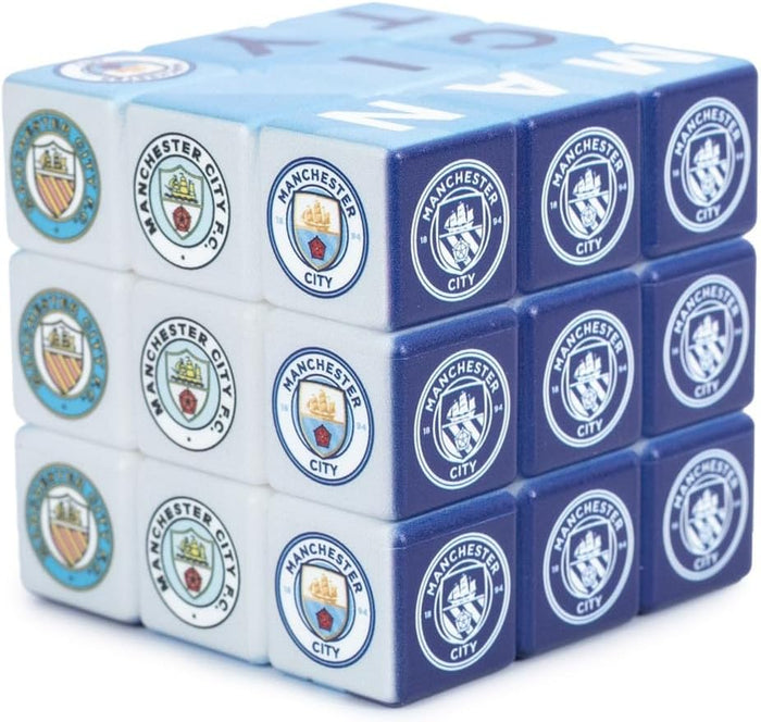 Light and dark blue 3x3 puzzle cube featuring various Manchester City FC crests and MAN CITY text across the top.