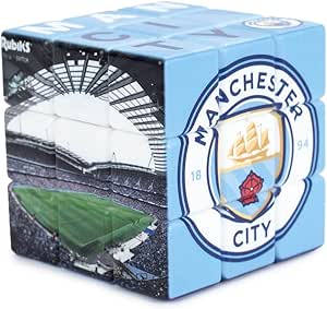 Light blue 3x3 Rubik's Cube featuring the Manchester City crest and a photo of the stadium on its rotating faces.