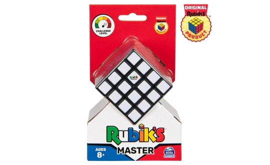 Rubik's Master 4x4 in red and white packaging. The white-tiled face is shown tilted in a clear plastic window.