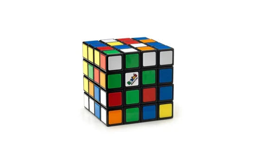 Scrambled 4x4 Rubik's Cube showing a grid of red, blue, green, yellow, orange, and white squares on a white background.