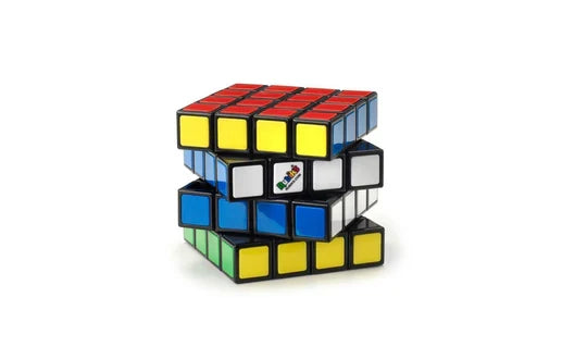 Twisted 4x4 Rubik’s Master cube showing red, yellow, blue, and white stickers on a black frame, against white.
