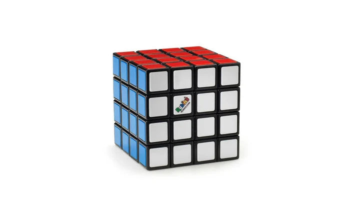 4x4 puzzle cube with red, white, and blue faces and a black plastic frame, shown on a white background.
