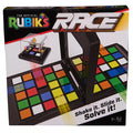 Board game box featuring two sliding tile puzzles with colorful squares, a central divider, and a cube tile shaker.