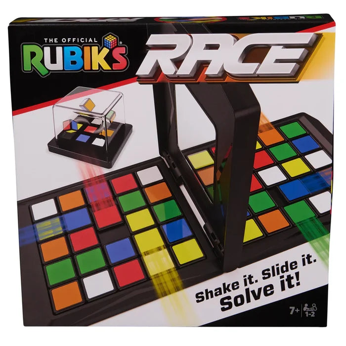 Board game box featuring two sliding tile puzzles with colorful squares, a central divider, and a cube tile shaker.