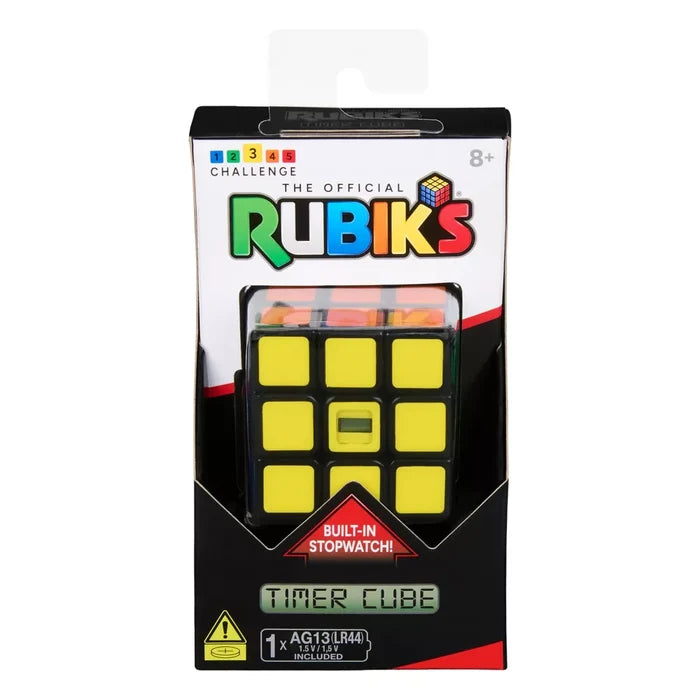 Retail box for a 3x3 puzzle cube with a yellow face featuring a small built-in digital timer on the center square.