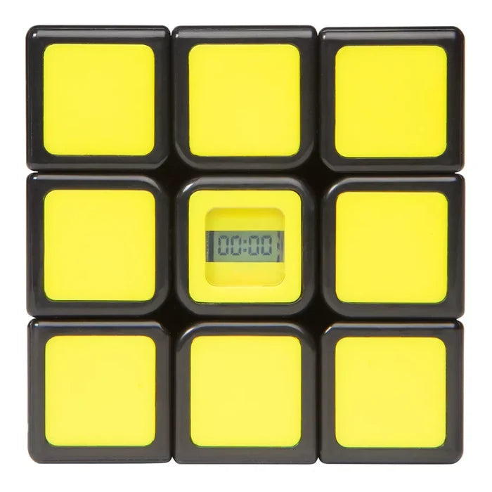 Yellow 3x3 puzzle cube face with black borders and a central digital timer display showing 00:00.