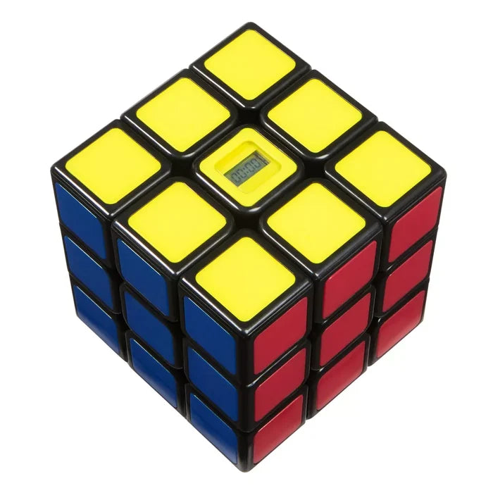 3x3 Rubik's cube with yellow, blue, and red faces and a digital timer embedded in the center yellow square.
