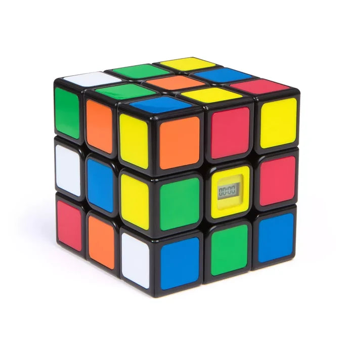 3x3 multicolored puzzle cube with a small digital timer display in the center yellow square.