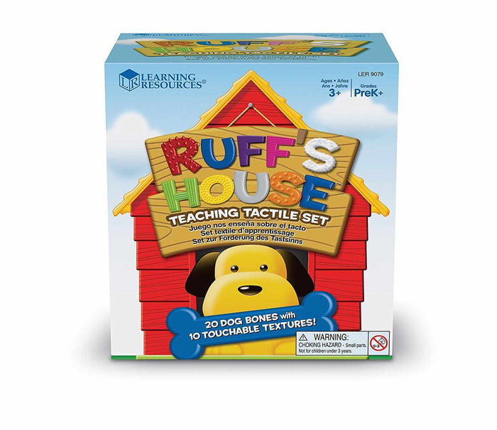 Toy box featuring a cartoon dog in a red doghouse, colorful textured letters, and a blue bone graphic.