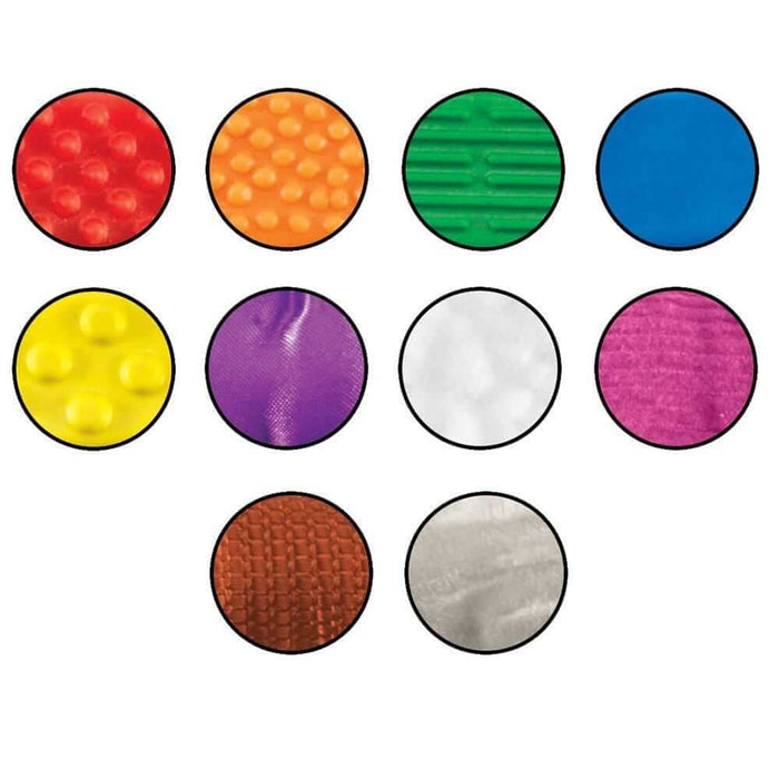 Ten round sensory discs in various colors, each with a unique texture like bumps, ridges, fuzz, or smooth fabric.