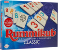 Blue game box for Rummikub Classic featuring white tiles with colorful numbers and a smiling black joker face.