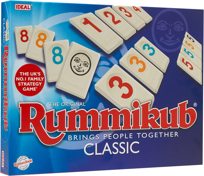 Blue game box for Rummikub Classic featuring white tiles with colorful numbers and a smiling black joker face.
