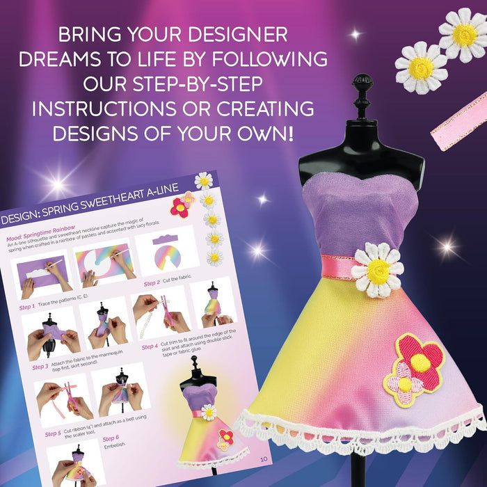 Black mannequin in a colorful gradient dress next to step-by-step instructions for a fashion designer toy kit.
