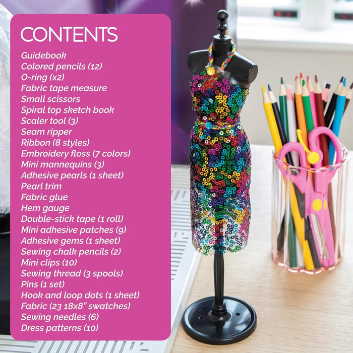 List of sewing kit contents next to a mannequin in a rainbow sequin dress and a jar of pencils and pink scissors.