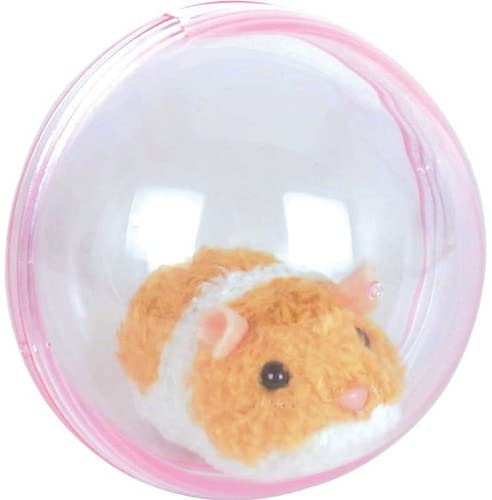 Small plush orange and white hamster toy inside a transparent pink plastic sphere.