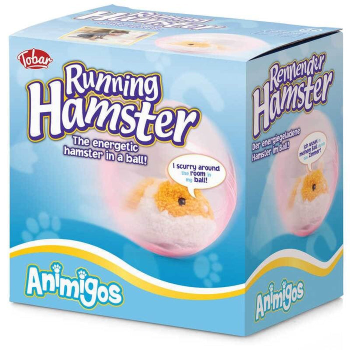 Blue and yellow toy box showing a fluffy white and ginger plush hamster inside a translucent pink exercise ball.