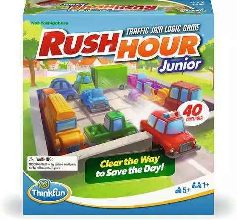 Rush Hour Junior box showing colorful toy cars on a sliding puzzle grid against a bright green outdoor background.
