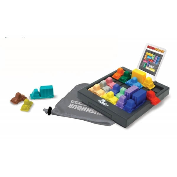 Logic puzzle with colorful toy cars on a grey grid board, includes a challenge card and drawstring storage bag.