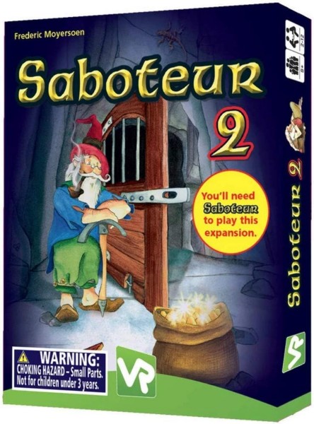 Blue box for Saboteur 2 expansion featuring a dwarf with a pickaxe and a sack of gold in a dark cavern.
