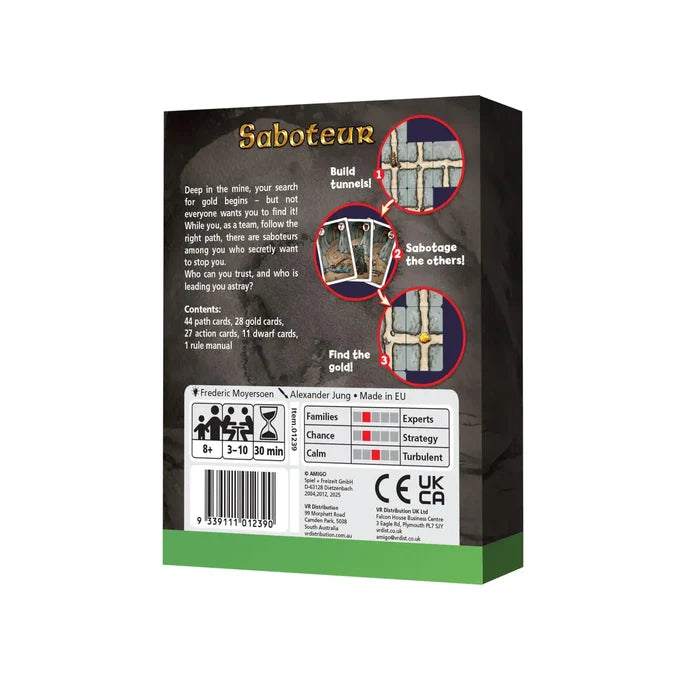 Back of Saboteur game box featuring gameplay diagrams, contents list, and player info on a dark rocky background.