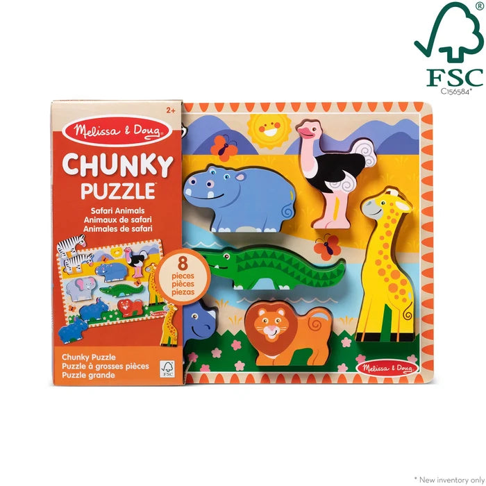 8-piece wooden puzzle with colorful, chunky animal pieces like a blue hippo and orange lion on a sunny landscape board.
