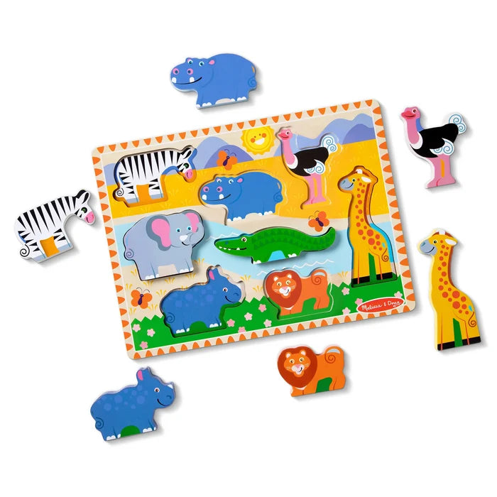 Colorful wooden safari puzzle with chunky animal pieces like a lion and giraffe shown on and off the board.