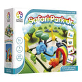 Preschool puzzle game box showing a colorful path board with 3D figurines of a blue elephant, yellow giraffes, and lion.