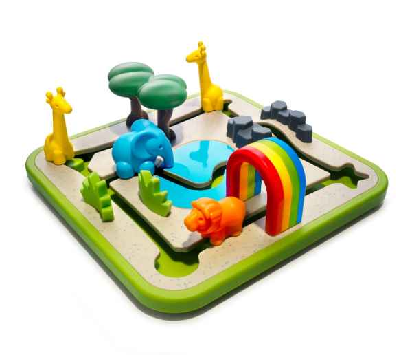 Colorful safari game board with a blue elephant, orange lion, yellow giraffes, green trees, and a rainbow arch.