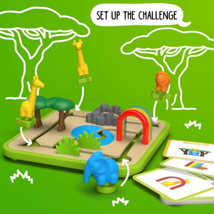 Colorful safari puzzle with 3D animal figures being placed on a path-building board with a rainbow arch and trees.