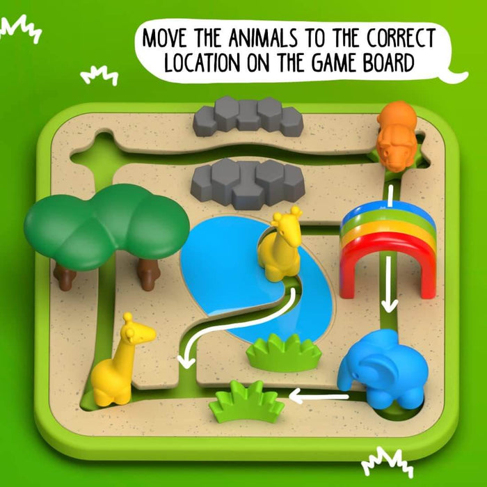 Green puzzle board with tracks, a rainbow, and colorful plastic animals including a lion, blue elephant, and yellow giraffe.