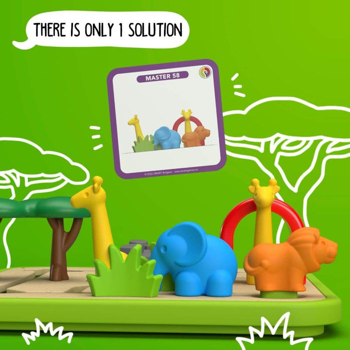 3D safari puzzle with yellow giraffe, blue elephant, and orange lion figures on a board with a challenge card.