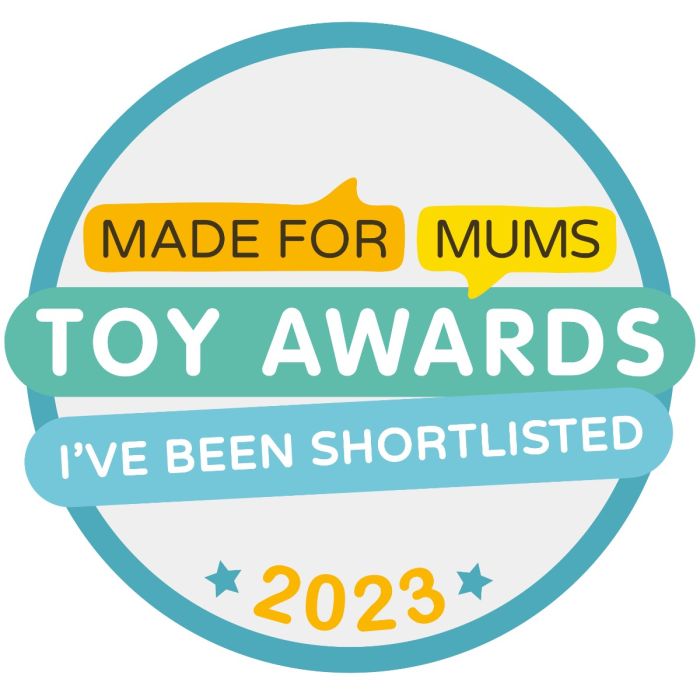 Circular Made For Mums Toy Awards 2023 Shortlisted badge with teal, yellow, and orange banners and stars.