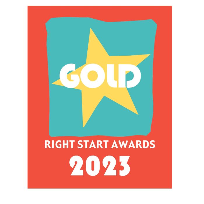 Gold Right Start Awards 2023 badge featuring a yellow star on a teal square against a bright red background.