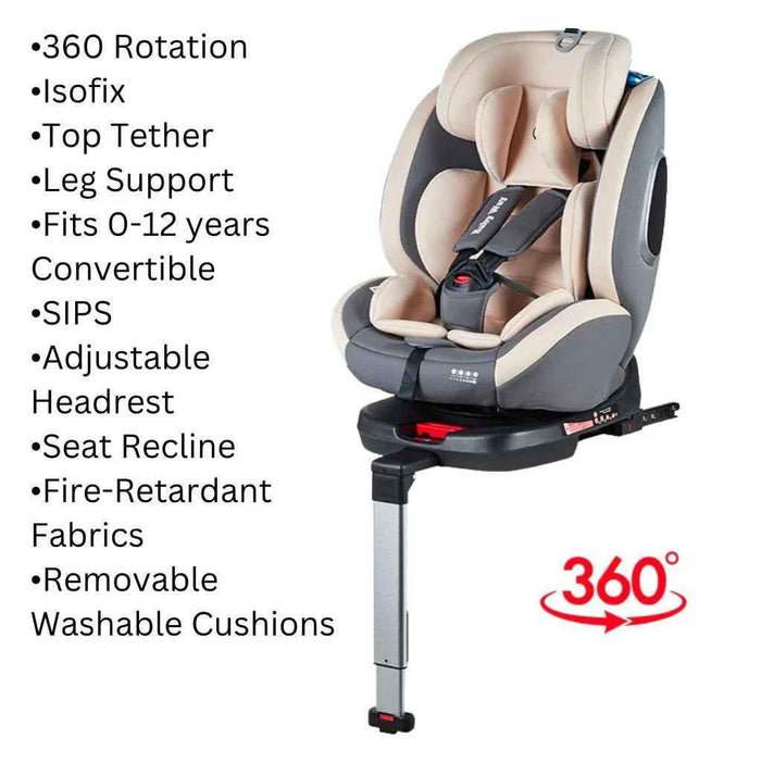 Baby Way NZ SafeHalo 360 rotating convertible car seat with ISOFIX in khaki, designed for infants and toddlers, provides secure comfort.