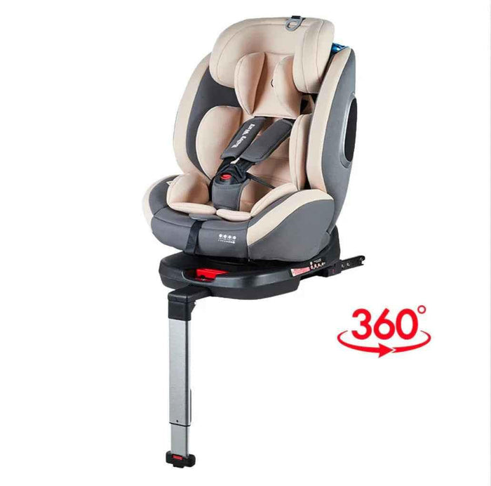 Baby Way NZ SafeHalo 360 rotating convertible car seat with ISOFIX in khaki, designed for all ages, in a car interior image.