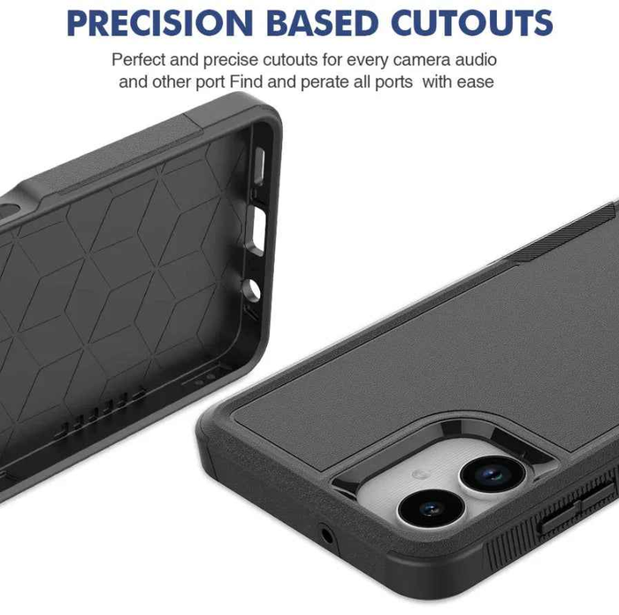 Samsung Galaxy A06 4G dual layer black armor hard phone case by techplus, provides rugged protection for mobile device.