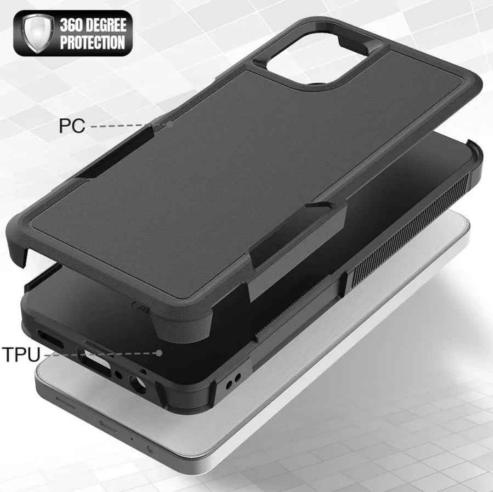 Black Samsung Galaxy A06 4G dual-layer armor hard case by techplus, providing durable protection for mobile phones.