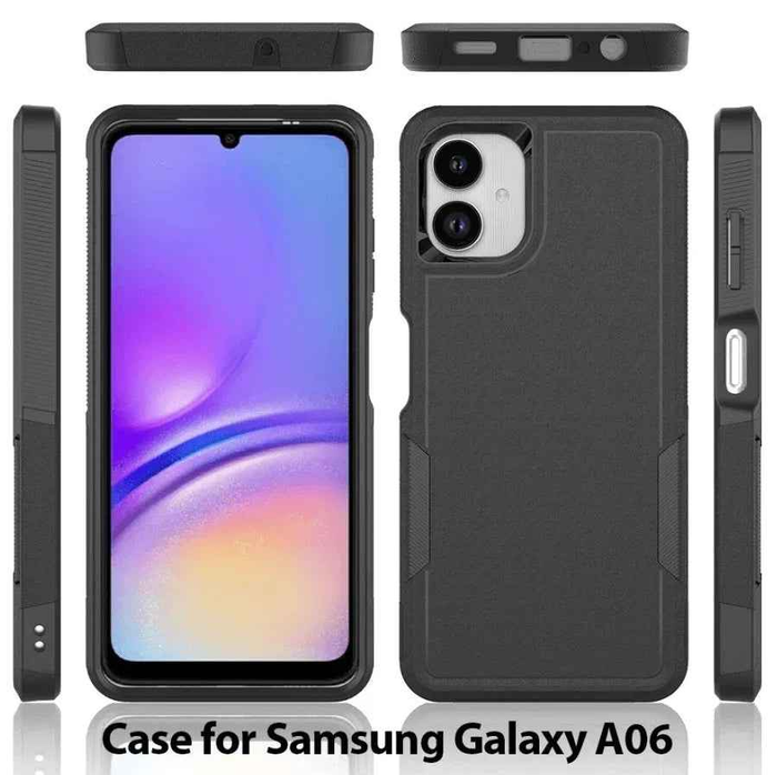 Black Samsung Galaxy A06 4G dual layer armor hard phone case by techplus, offering rugged protection for mobile devices.