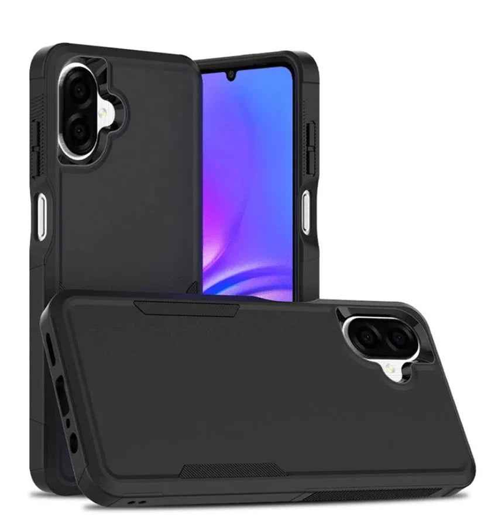Black Samsung Galaxy A07 dual-layer armor hard case by techplus, offering durable protective coverage for mobile phones.