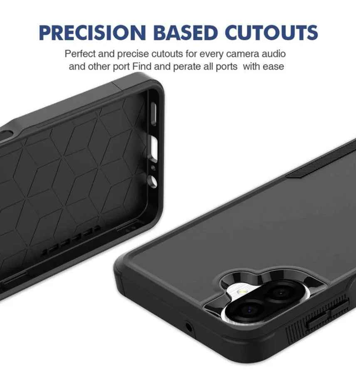 Black Samsung Galaxy A07 dual-layer armor hard case by techplus, showing textured protective phone cover with raised edges.