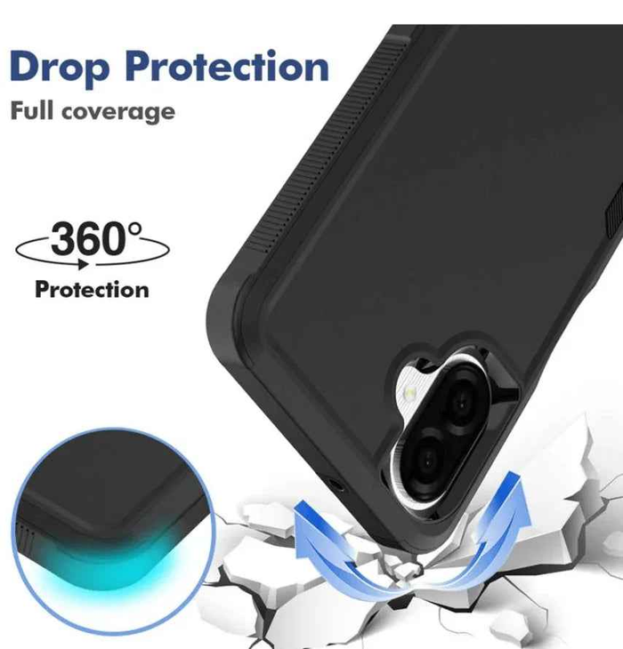 Black Samsung Galaxy A07 dual-layer armor hard case by techplus, providing durable protection for mobile phones.