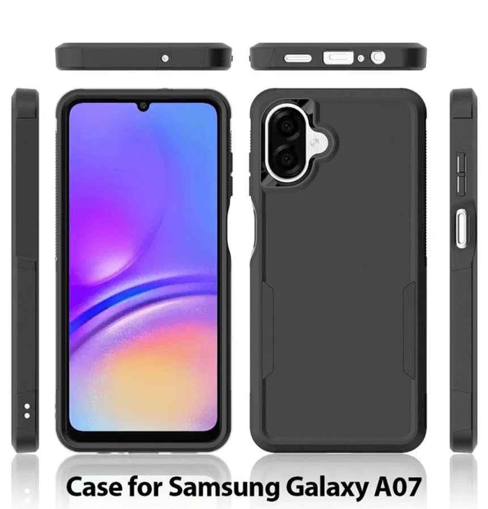 Black Samsung Galaxy A07 dual-layer armor hard case by techplus, providing durable protection for mobile phones.