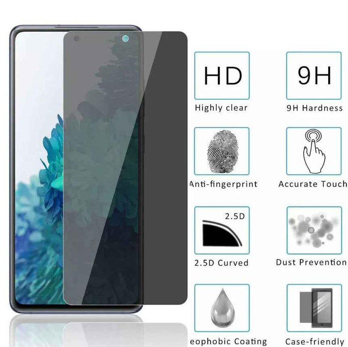 Samsung Galaxy S20 FE glass privacy screen protector by TechPlus, showing clear front view with privacy filter applied