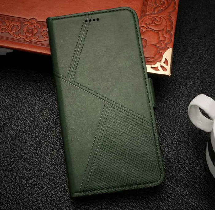 Black Samsung Galaxy S25 flip wallet case by techplus with cowhide dot pattern, designed for stylish protection.