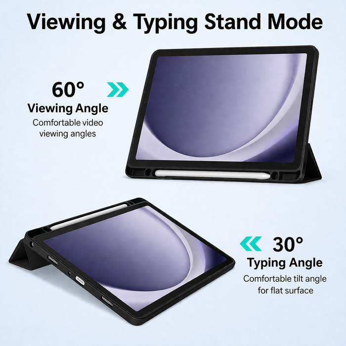 Samsung Galaxy Tab A11+ clear acrylic case with shockproof design and built-in stand, offering transparent protection for the tablet