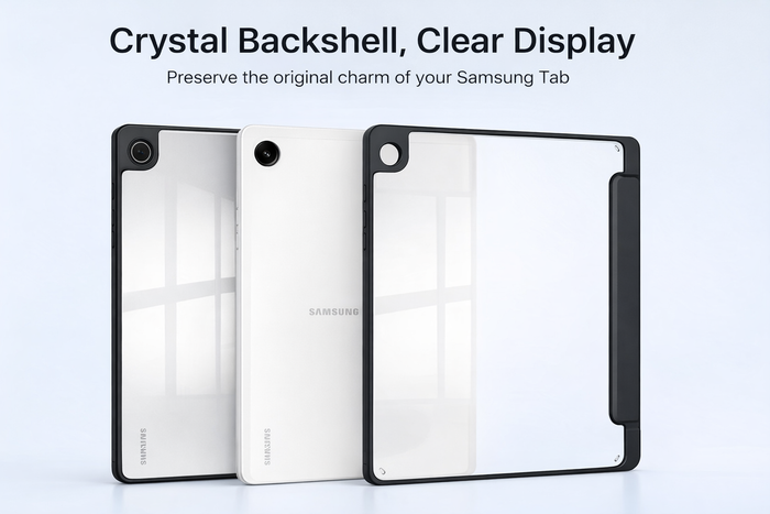 Samsung Galaxy Tab A11+ clear acrylic case with shockproof design and built-in stand, featuring camera cutout and transparent protection.