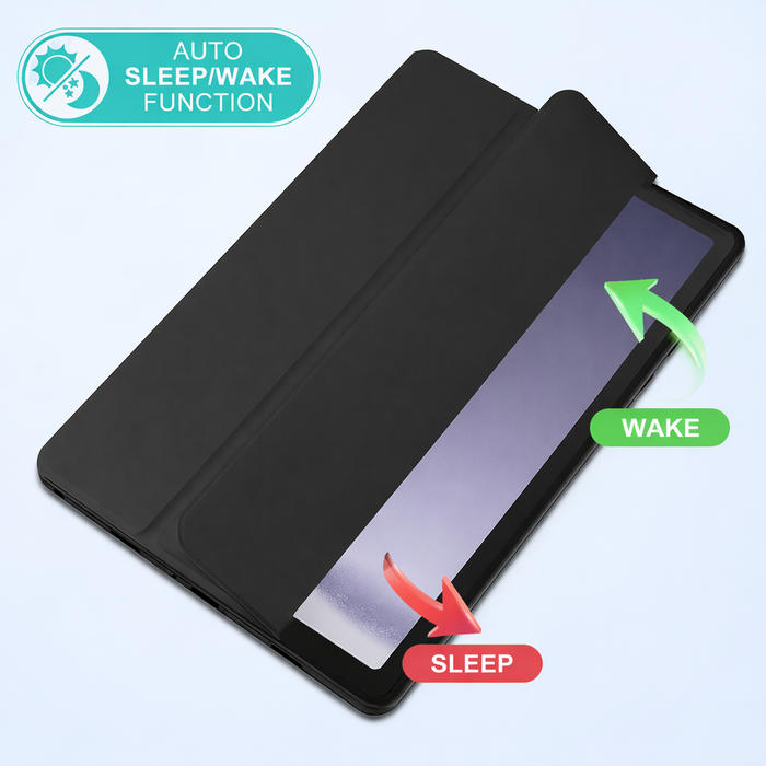 Samsung Galaxy Tab A11+ clear acrylic case by techplus with shockproof design and built-in stand, showing the transparent cover and button access