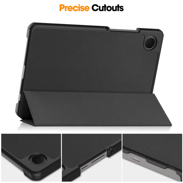 Samsung Galaxy Tab A9 8.7 trifold folio stand case in slim PU leather with magnetic flip closure, designed for easy protection.